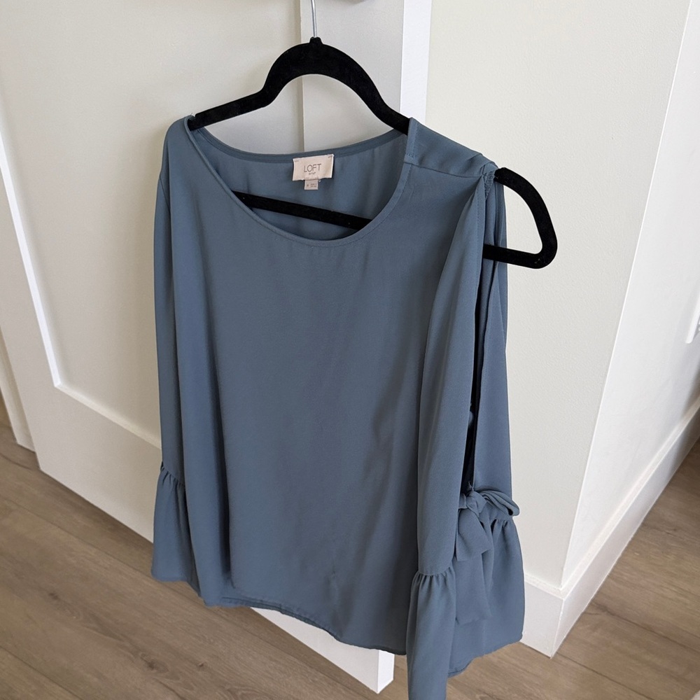 LOFT Slate Blue Cold-Shoulder Tie-Sleeve Blouse